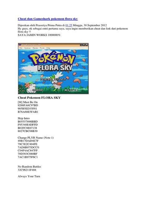 Pokemon Flora Sky Cheats for GameShark .